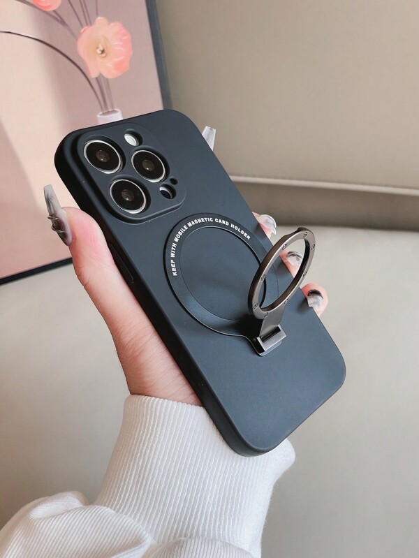 قطعة واحدة من حافظة الهاتف البسيطة من TPU باللون الأسود الخامل مع حامل سحري معدني متوافق مع طرازات أبل وسامسونج وهواوي وريدمي