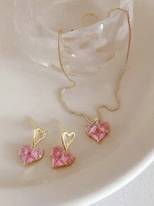 3 件 Y2k 时尚粉色心形和水钻吊坠项链和耳环首饰套装，适合派对、约会、礼物和休闲情人节 - 金黃色 - 查看 4
