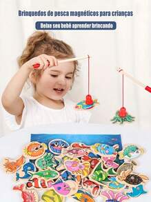 1set Wooden Magnetic Fishing Toys For Baby, Cartoon Marine Life Cognition Fish Games Education Parent-Child Interactive