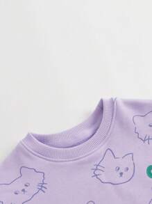 2pcs/set Young Girls' Sweet & Fun Cat Print Oversized Sweatshirt And Pleated Skirt Outfits For Autumn