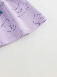 2pcs/set Young Girls' Sweet & Fun Cat Print Oversized Sweatshirt And Pleated Skirt Outfits For Autumn