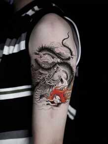 龍紋防水暫時性刺青貼紙,龍珠和雲朵設計逼真,兇猛男子手臂一次性使用紋身貼紙 - 黑色 - 查看 7