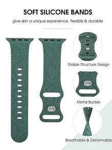 Engraved Band Compatible With Apple Watch Band 38mm 40mm 41mm 42mm 44mm 45mm 49mm For Women Men, Western Lace Silicone Fancy Sport Flower Straps Compatible With Series 9/8/7/6/5/4/3/2/1/SE/UItra As A Gift For Students Returning To School - Pine Green - View 2