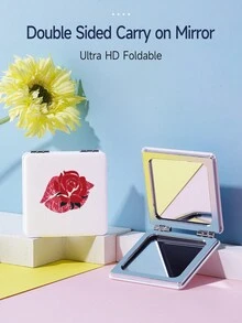 可摺疊口袋化妝鏡,1入組玫瑰唇印花紋方形雙面超薄化妝鏡,桌面鏡,便攜旅行鏡 - 給女性、女孩的禮物,適用於女人、母親、妻子、姊妹、少女、女朋友等 - 彩色 - 查看 2