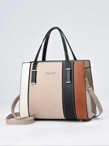 PLANEE兩色手提包，時尚兩把手手提包，女款可拆卸肩帶斜跨手提包，優雅頂部手提包，女性休閒手提包，經典色彩對比肩背包，有紋理的女款頂部手提包