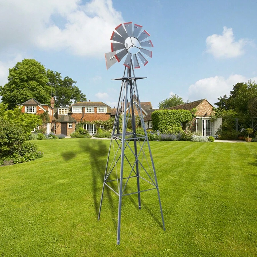 8FT Weather Resistant Yard Garden Windmill - Gray & Red - View 1