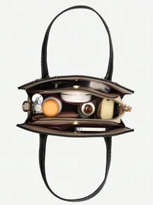 PLANEE兩色手提包，時尚兩把手手提包，女款可拆卸肩帶斜跨手提包，優雅頂部手提包，女性休閒手提包，經典色彩對比肩背包，有紋理的女款頂部手提包