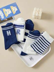 5pairs Women's Mid-calf Sports Socks With Stacked Sole For Autumn & Winter, Ins Fashion Solid Color Couple Stockings - Multicolor - View 3