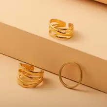 COINBUFF 3入組時尚不鏽鋼鍍金開口戒指,帶有線條細節,適合女性日常佩戴