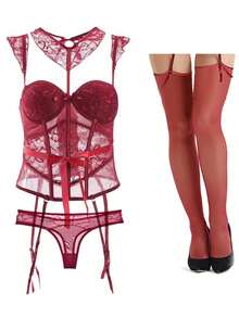 Lace Lingerie Set For Women, Including Bra, Panties, And Stockings, Sexy Style - Burgundy - View 7