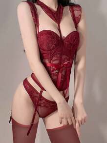 Lace Lingerie Set For Women, Including Bra, Panties, And Stockings, Sexy Style - Burgundy - View 1
