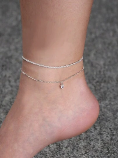 Nooxian 2 件/套白色锆石镶嵌心形链吊坠脚链配流苏，优雅风格情人节、妈妈、母亲、母亲节、礼物