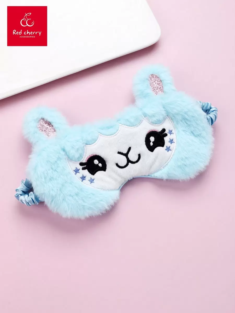 1pc Girls' Polyester Plush Cute Cat Embroidery Elastic Band Sleep Mask, Suitable For Daily Use - Baby Blue - View 1