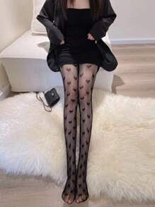 女士心型和網眼圖案緊身連褲襪，瘦身緊身襪褲，網紗連褲襪，黑色