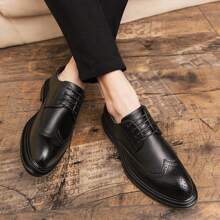 Men's Pointed-toe Business Pu Leather Shoes Brock Carving Formal Leather Shoes British Style Low-top Lace-up Shoes Fashion Pu Leather Simple Color Work Shoes Party Wedding Popular Shoes Streetwear Casual Shoes - Black - View 6