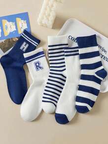 5pairs Women's Mid-calf Sports Socks With Stacked Sole For Autumn & Winter, Ins Fashion Solid Color Couple Stockings - Multicolor - View 1