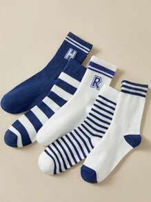 5pairs Women's Mid-calf Sports Socks With Stacked Sole For Autumn & Winter, Ins Fashion Solid Color Couple Stockings - Multicolor - View 2