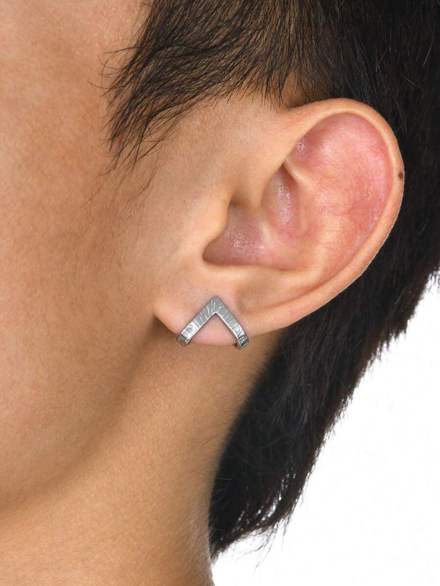 1pc Stainless Steel Silver Geometric Shaped Stud Earring For Men - Silver - View 1