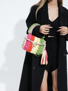 1pc Handmade Crochet Strip Multicolor Khaki Shoulder Bag, Color Blocking Design, And Minimalist Square Shape, Detachable Chain Handle, Large Capacity, Perfect For Daily Use, Party And As A Gift For Friends - Khaki - View 3