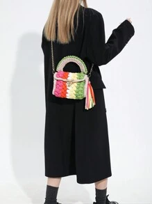 1pc Handmade Crochet Strip Multicolor Khaki Shoulder Bag, Color Blocking Design, And Minimalist Square Shape, Detachable Chain Handle, Large Capacity, Perfect For Daily Use, Party And As A Gift For Friends - Khaki - View 4