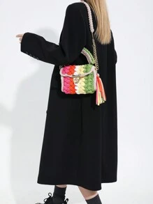 1pc Handmade Crochet Strip Multicolor Khaki Shoulder Bag, Color Blocking Design, And Minimalist Square Shape, Detachable Chain Handle, Large Capacity, Perfect For Daily Use, Party And As A Gift For Friends - Khaki - View 5