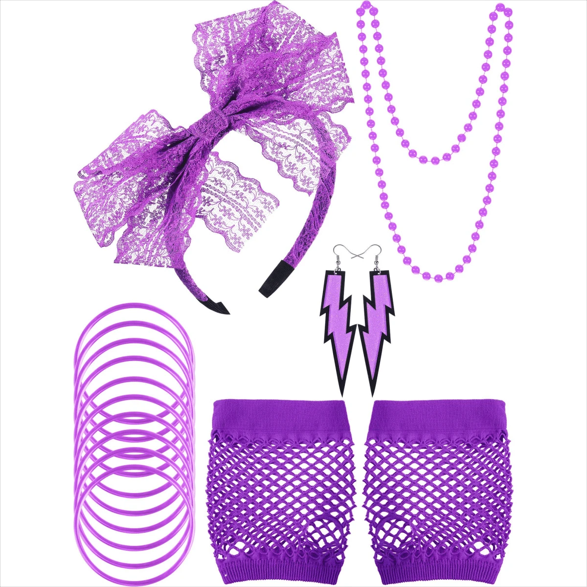 7入組女性80年代配件,帶蕾絲頭箍、耳環、魚網手套的80年代服裝,適用於80年代主題派對