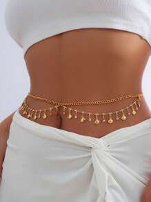 1件時尚性感比基尼鑲嵌鑽石鏈條腰飾,貝殼形金屬流蘇雙層腰鏈身體珠寶配飾服裝配件 - 金色 - 查看 2