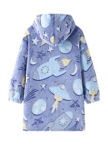 1pc Kids Glow In The Dark Hooded Blanket Sweatshirt With Pocket, Warm Flannel Unicorn Blanket Sweater - Space Planet - View 4