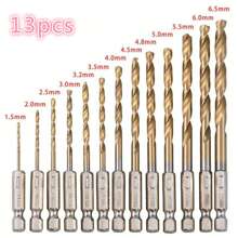 13入組鈦鍍覆高速鋼鑽頭組,1/4"六角桿鑽頭工具,1.5-6.5毫米 - 金色 - 查看 1