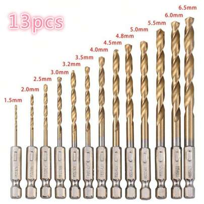 13入組鈦鍍覆高速鋼鑽頭組,1/4"六角桿鑽頭工具,1.5-6.5毫米