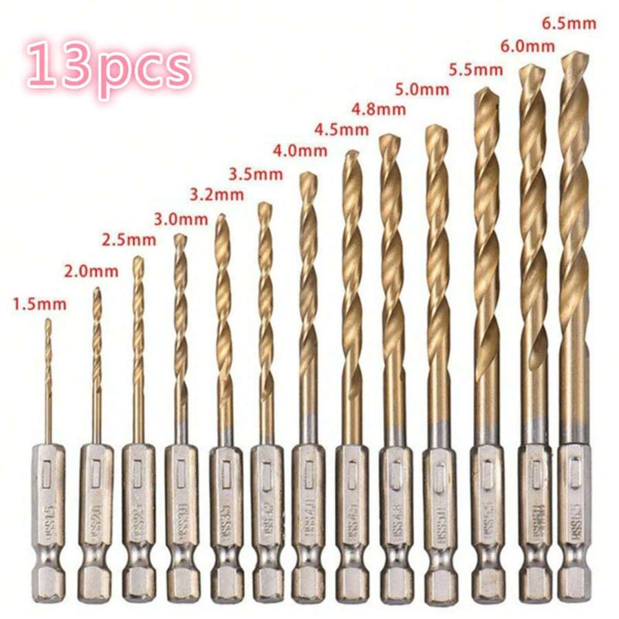 13入組鈦鍍覆高速鋼鑽頭組,1/4"六角桿鑽頭工具,1.5-6.5毫米 - 金色 - 查看 1
