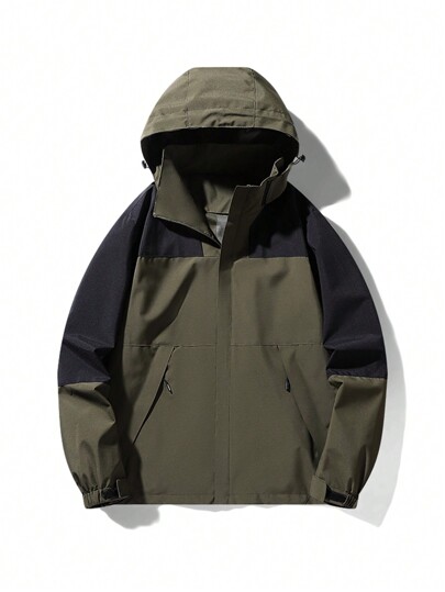 Men Windproof Outdoor Colorblock Zipper Open Front Drawstring Hooded Casual Fashionable Sports Jacket