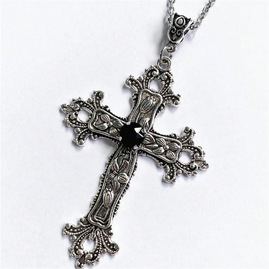 Cross Pendant Necklace - Black - View 1