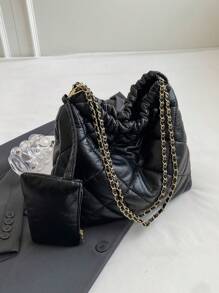 CONTAINEVERY Màu thuần Chần Giải trí Túi tote Với dây chuyền Xử lý - màu đen - Xem 1