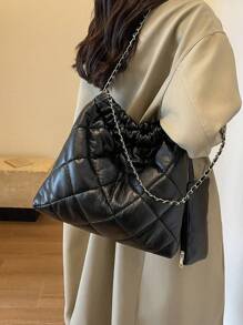 CONTAINEVERY Màu thuần Chần Giải trí Túi tote Với dây chuyền Xử lý - màu đen - Xem 3