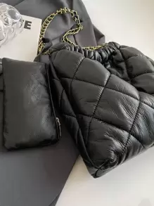 CONTAINEVERY Màu thuần Chần Giải trí Túi tote Với dây chuyền Xử lý - màu đen - Xem 4