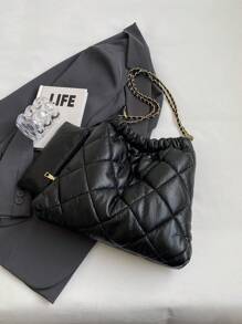 CONTAINEVERY Màu thuần Chần Giải trí Túi tote Với dây chuyền Xử lý - màu đen - Xem 2