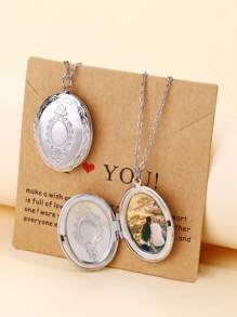 2入組不鏽鋼橢圓形吊墜項鍊,朋克風格情侶、朋友、家人吊墜套裝,紀念禮物 - 銀色 - 查看 2