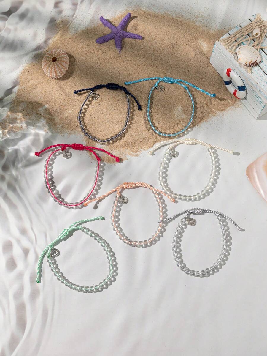 1pc Beach Style Wave Pendant Adjustable Beaded Bracelet For Men, Boyfriend Gift, Suitable For Couples - Black - View 1