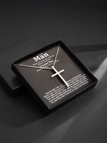 1pc Stainless Steel Cross Pendant Necklace With Gift Box, Perfect As A Gift For Boyfriends To Wish For Peace - Silver - View 4