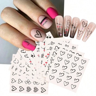 12入組心型水貼紙設計，黑色心形字母紅色心形指甲情人節設計滑動貼紙，指甲藝術裝飾美甲設計美甲貼紙DIY的禮物
