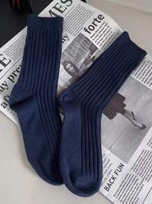 1 Pair Unisex Solid Color Thick Thread Mid-Calf Socks With Vertical Stripe Design, Daily Wear, Simple Style, Fall