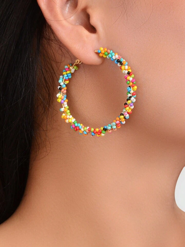 1pair Style Colorful Beads Handmade Hoop Earrings Women Party  