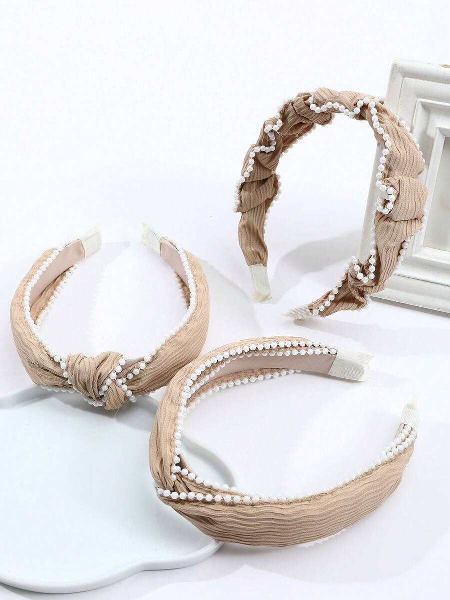 3 piezas/set de diademas con cuentas en color beige para mujer - Café - Ver 1
