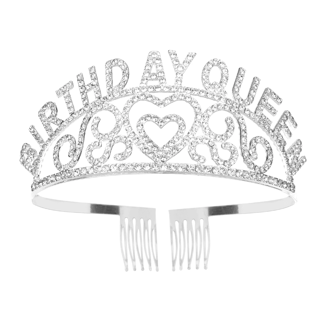 Heart Shaped Birthday Crown With Full Diamond And Letter Design, Headband For Girls In Birthday, Party, Photography - Silver - View 1