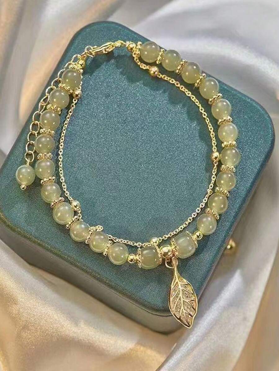 1入金色枝 & 翡翠葉設計雙層手鍊,復古合金葉形女士手鍊