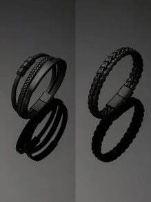 1個時尚商務pu皮革金屬貴族手鏈,適合作為假日生日禮物 - 黑色 - 查看 1