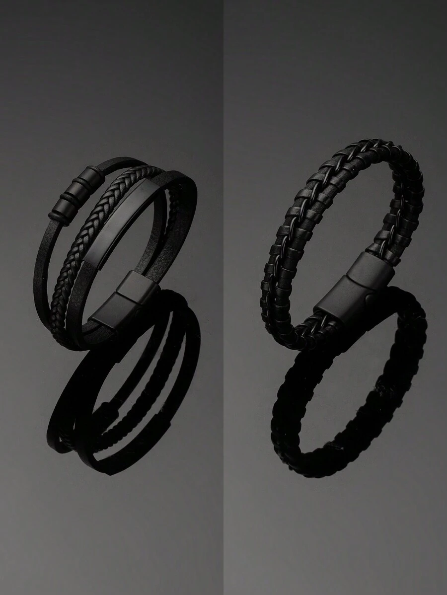 1個時尚商務pu皮革金屬貴族手鏈,適合作為假日生日禮物 - 黑色 - 查看 1