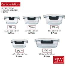 EasyWare Premium! - Juego de 5 Recipientes contenedores de Vidrio Borosilicato (10 piezas) Varios tamaños, para Alimentos, Herméticos para almuerzo, microondas, coongelador, horno, lavaplatos, Cierra Fácil, a prueba de Fugas, Libre de BPA. (Set 8)… - Negro - Ver 2