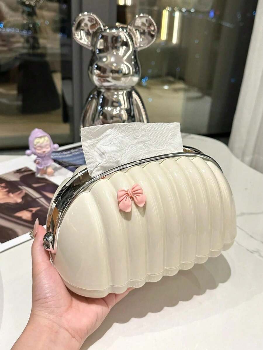 1 件奶油色纸巾盒，温馨设计创意纸巾架，奢华纸巾盒，奶油面包风格纸巾分配器，适用于浴室、客厅、书桌，包括蝴蝶结装饰